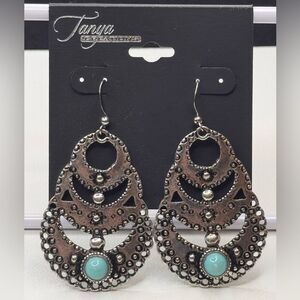 Silver and Blue Teardrop Earrings with Turquoise Accents 2.5 inch